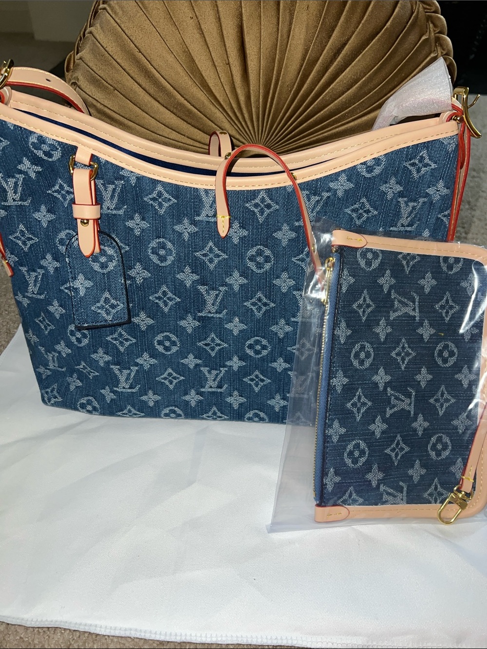 Denim Monogram Tote with Pouch - Blue